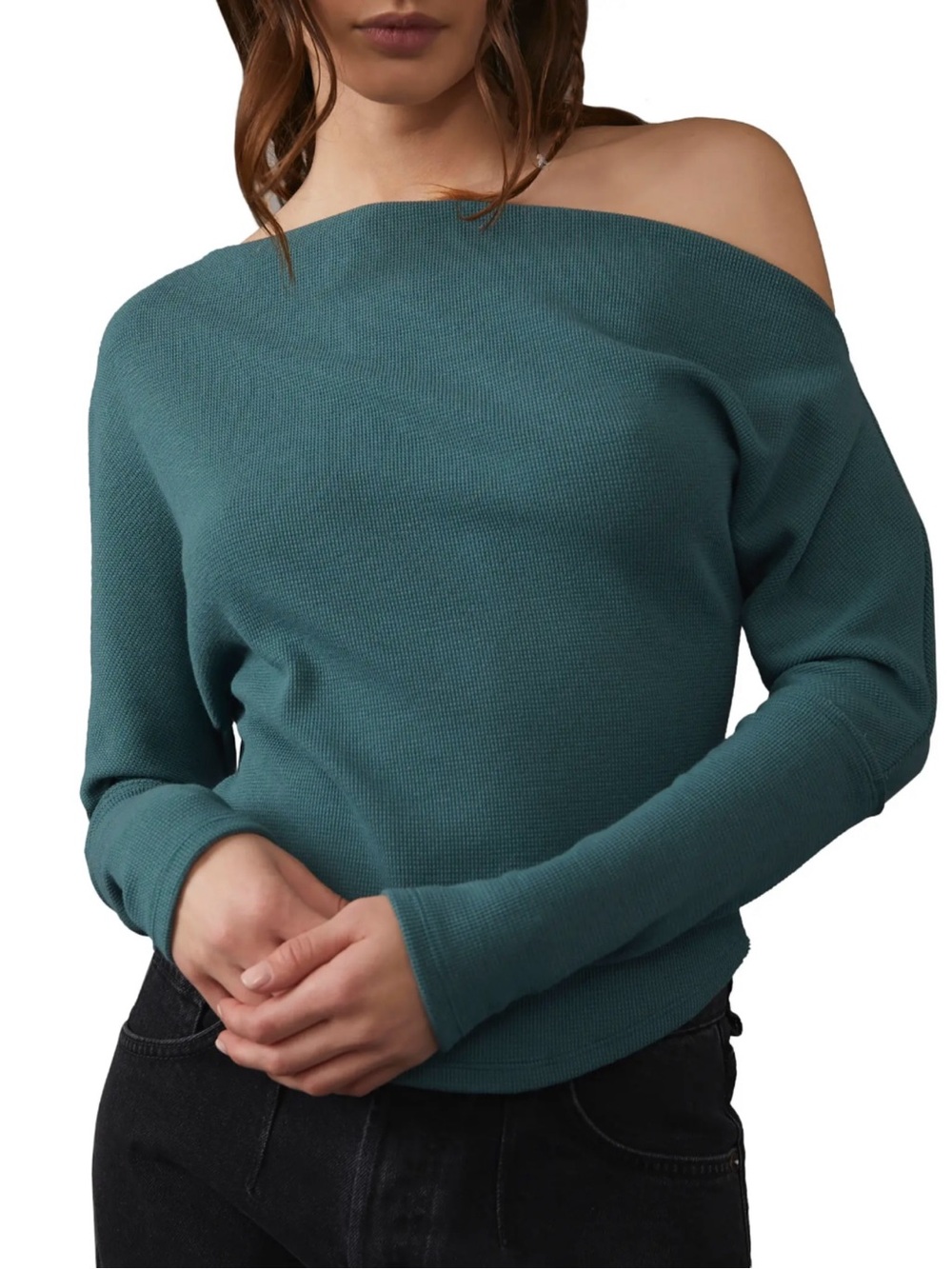 Free People We The Free Off-the-Shoulder Thermal Waffle Top Jaded Teal Large NWT